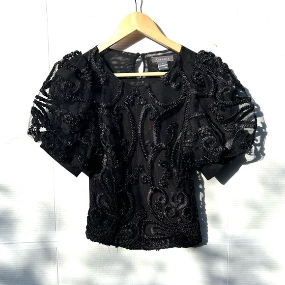 GRACIA Ribbon Blouse black with puff sleeves - Picture 9 of 10